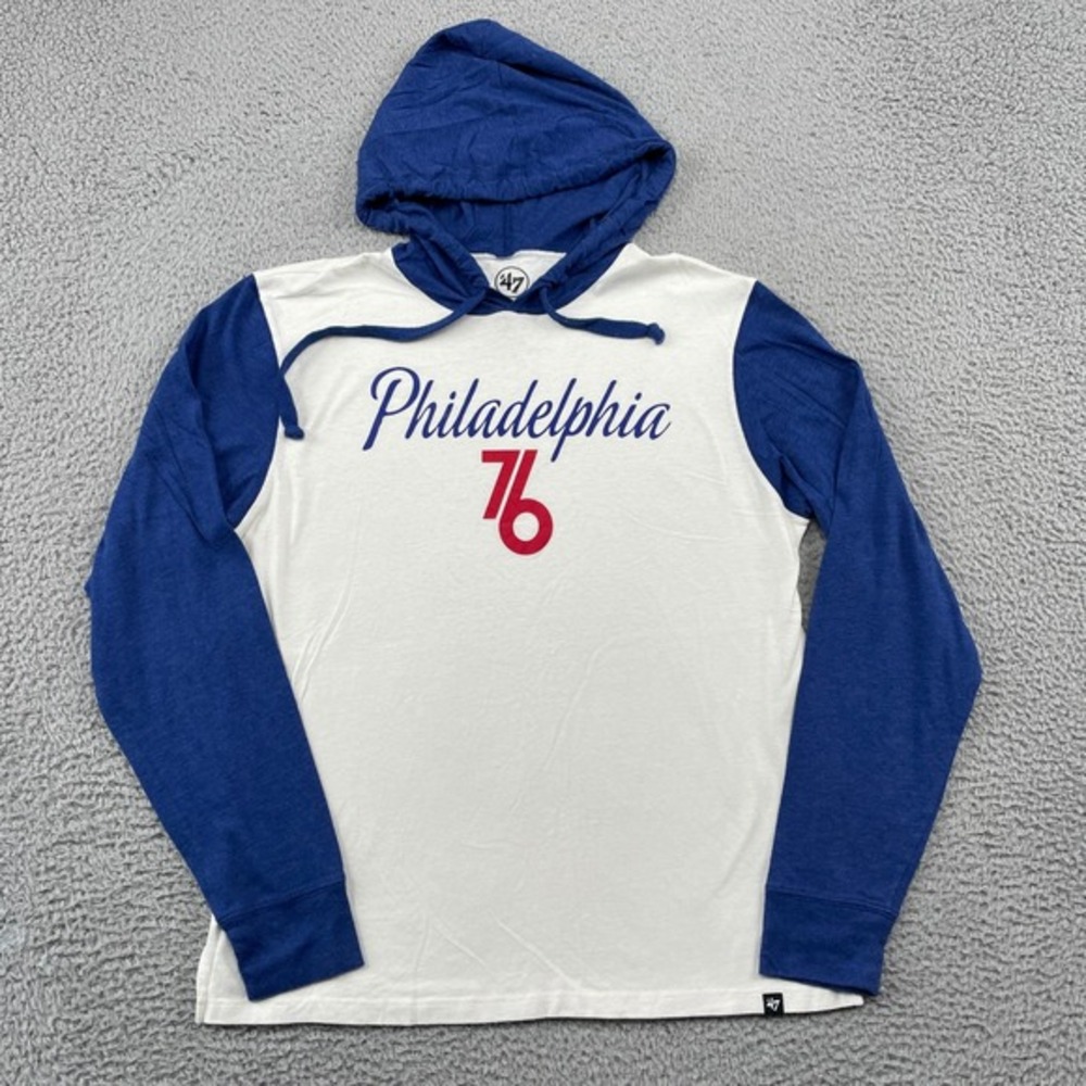 '47 Philadelphia 76ers Mens Medium White Blue Hooded T-Shirt‎ Raglan NBA